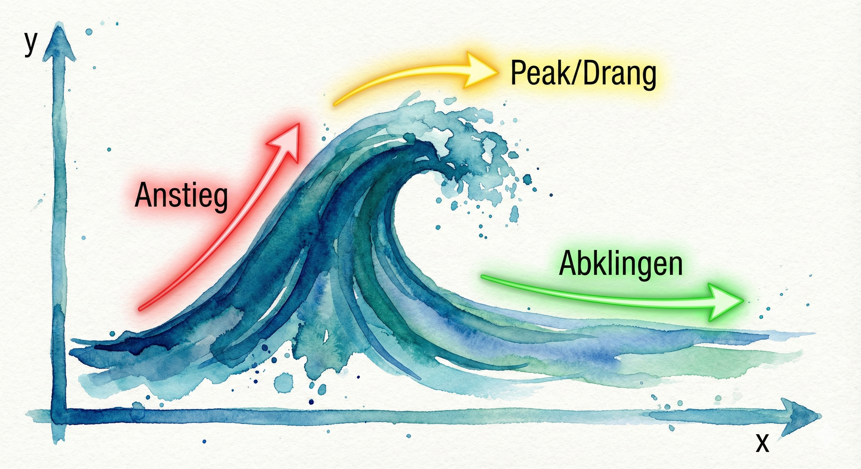 Diagramm einer Gefühlswelle: Anstieg, Höhepunkt, Abklingen. Visualisierung des natürlichen Verlaufs.