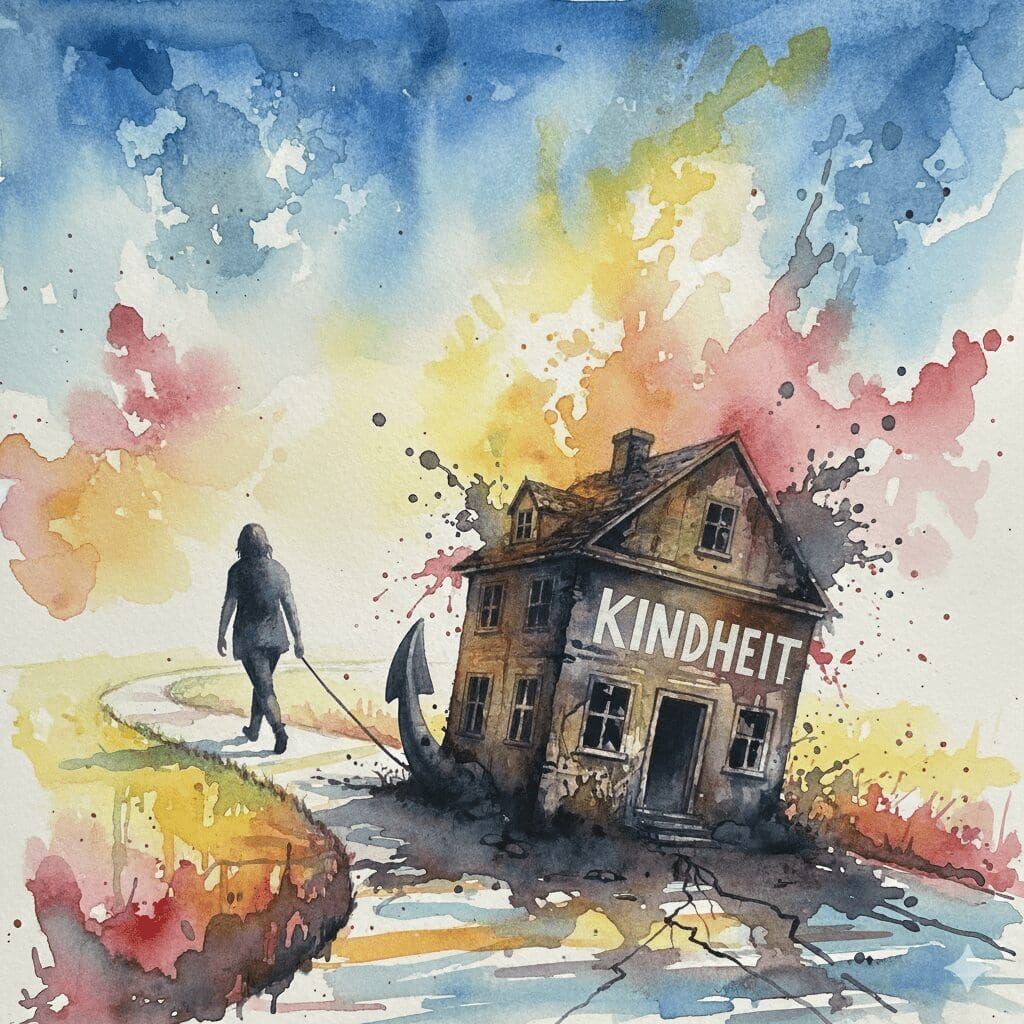 Eine Person, die einen schweren Anker in Form eines kaputten Kindheitshauses hinter sich herzieht, als Symbol für die Last des Entwicklungstraumas.