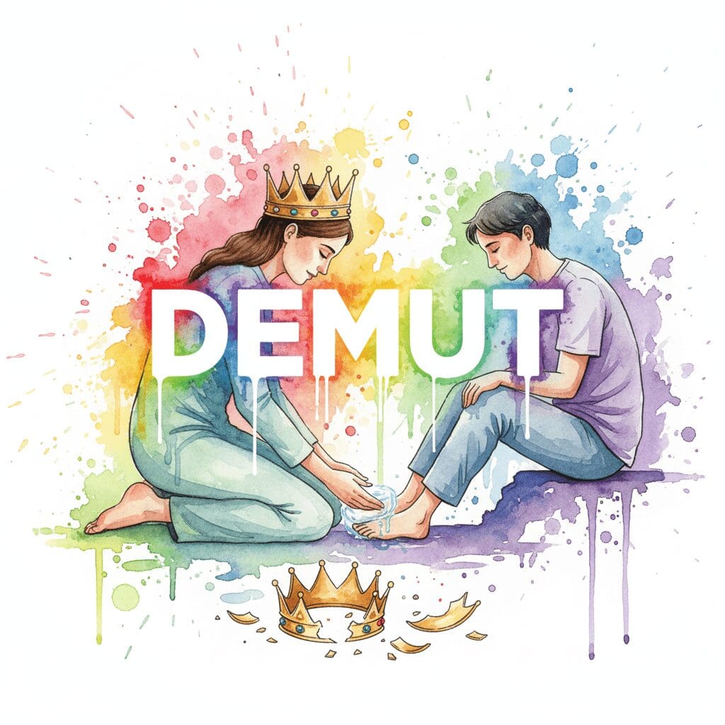 Ein ehemaliger König ohne Krone, der einem anderen die Füße wäscht, als Symbol für die durch Demut gewonnene, wahre Größe in der Recovery von Narzissmus.