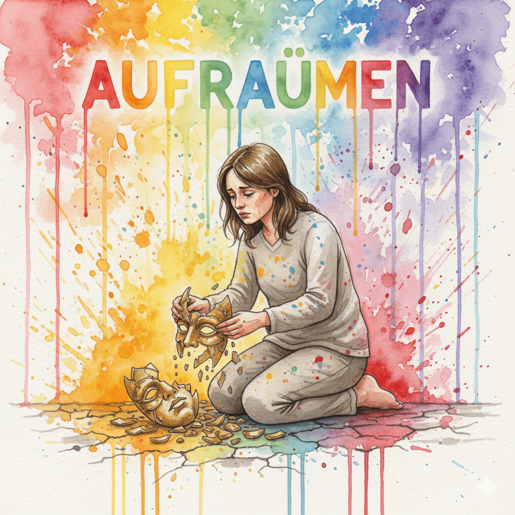 Eine Person, die demütig die Scherben einer goldenen Maske zusammenkehrt, als Symbol für das schmerzhafte, aber notwendige Zerbrechen des Egos in der Recovery.