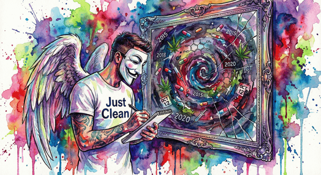 NeelixberliN-Figur schreibt einen Bericht und blickt in einen Spiegel, der ihre chaotische Suchtvergangenheit reflektiert, symbolisch für die Suchtanamnese.