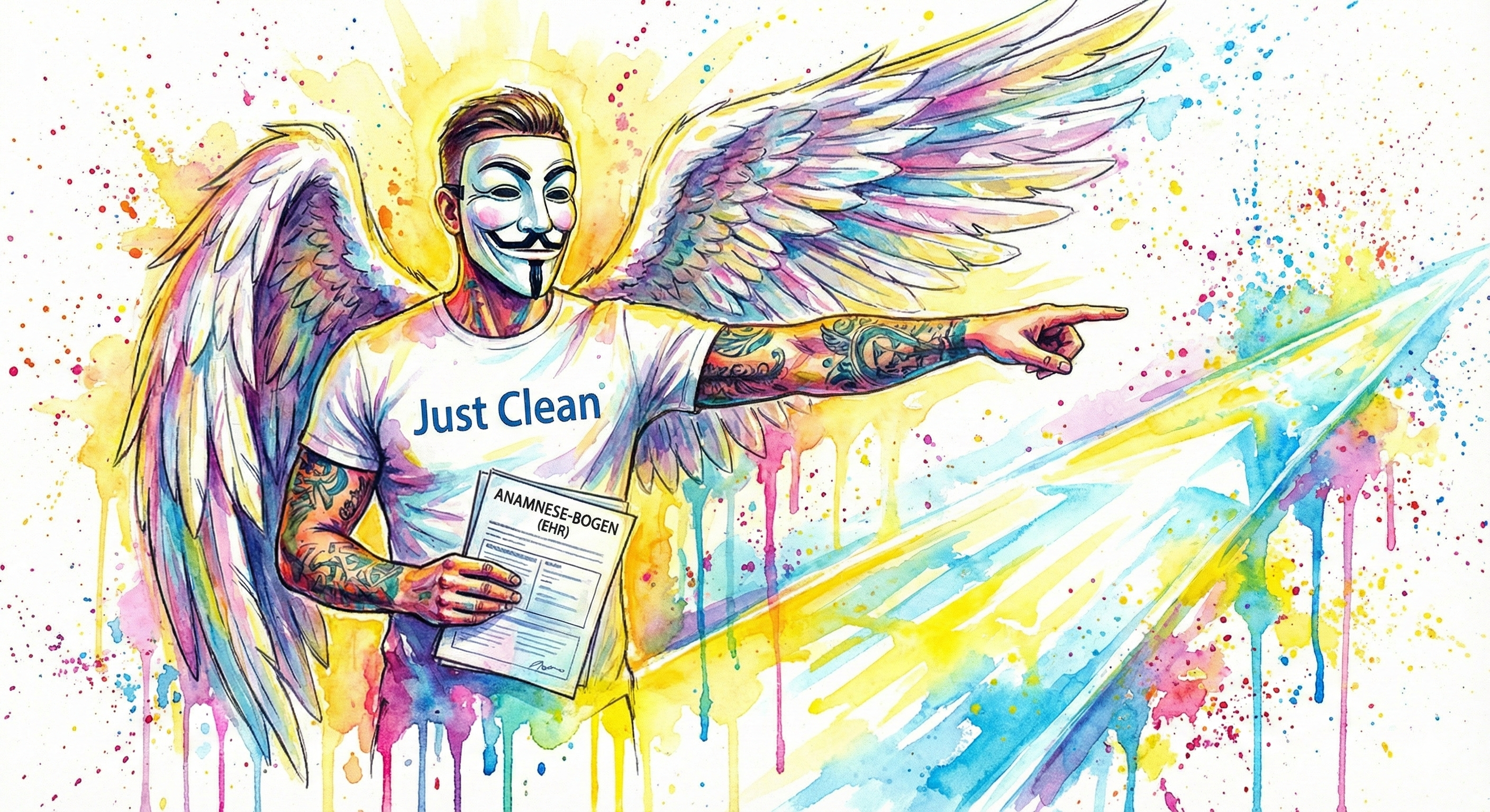 NeelixberliN-Figur hält einen fertigen Anamnese-Bogen und zeigt auf einen klaren Weg, symbolisiert den Neuanfang nach der ehrlichen Bestandsaufnahme.