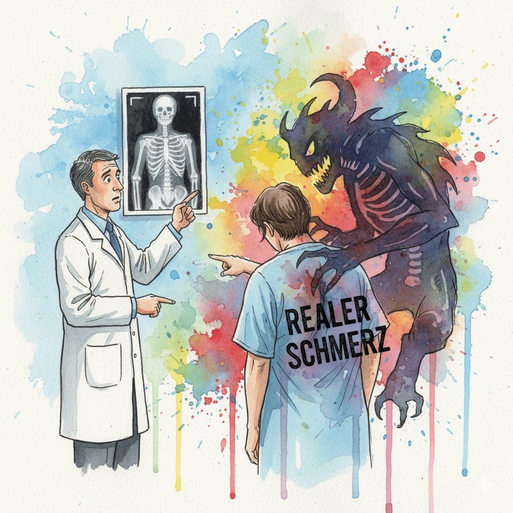 Ein Arzt sieht auf einem Röntgenbild nichts, während der Patient auf ein unsichtbares Schmerz-Monster auf seinem Rücken zeigt. Symbol für eine somatoforme Störung.