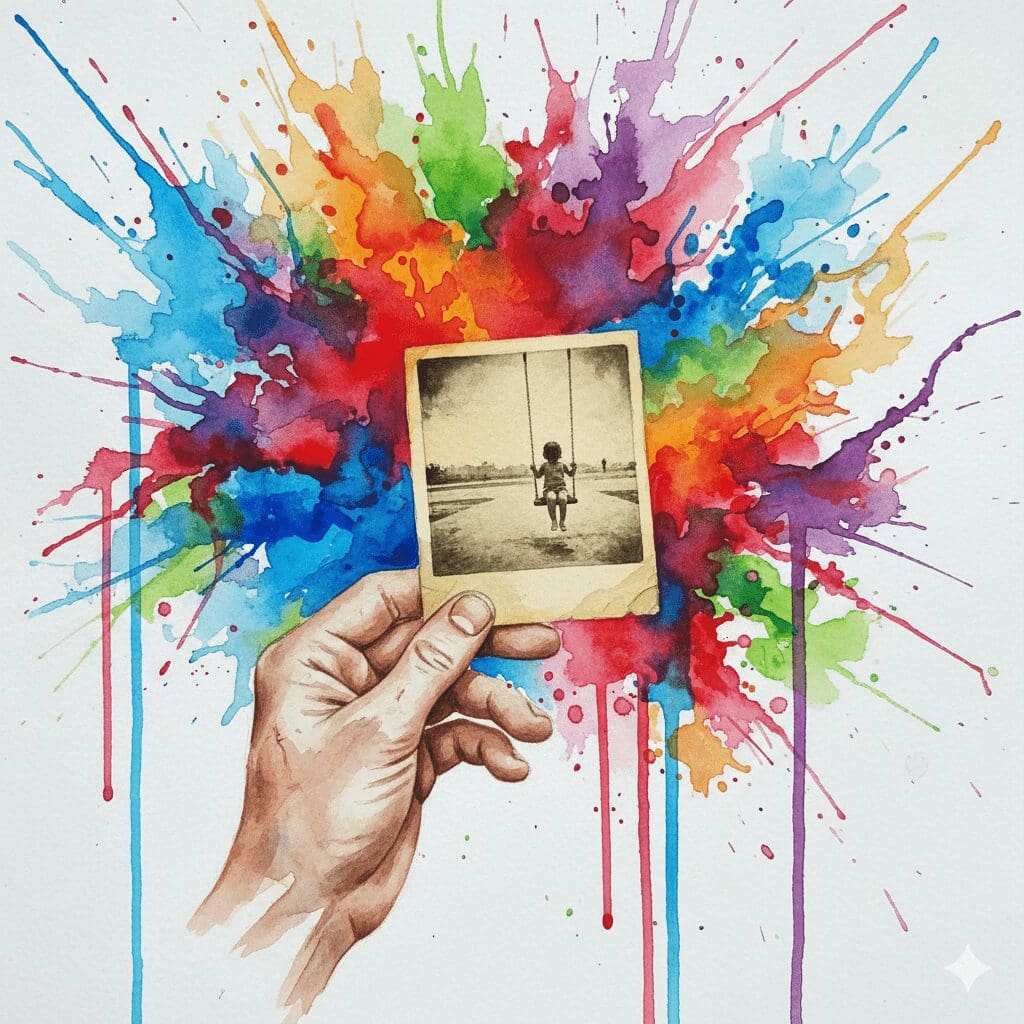 Der Schatten eines einsamen Kindes hat die Form eines erwachsenen Süchtigen, als Symbol dafür, wie die Wunden der Kindheit die Sucht im Erwachsenenalter formen.