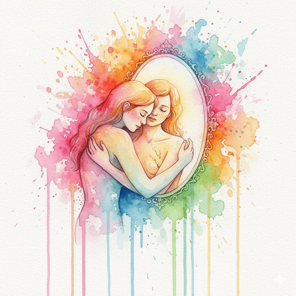 Eine Person, die ihr eigenes Spiegelbild umarmt, als Symbol für die Entwicklung von Selbstliebe und einer sicheren Bindung zu sich selbst in der Recovery.