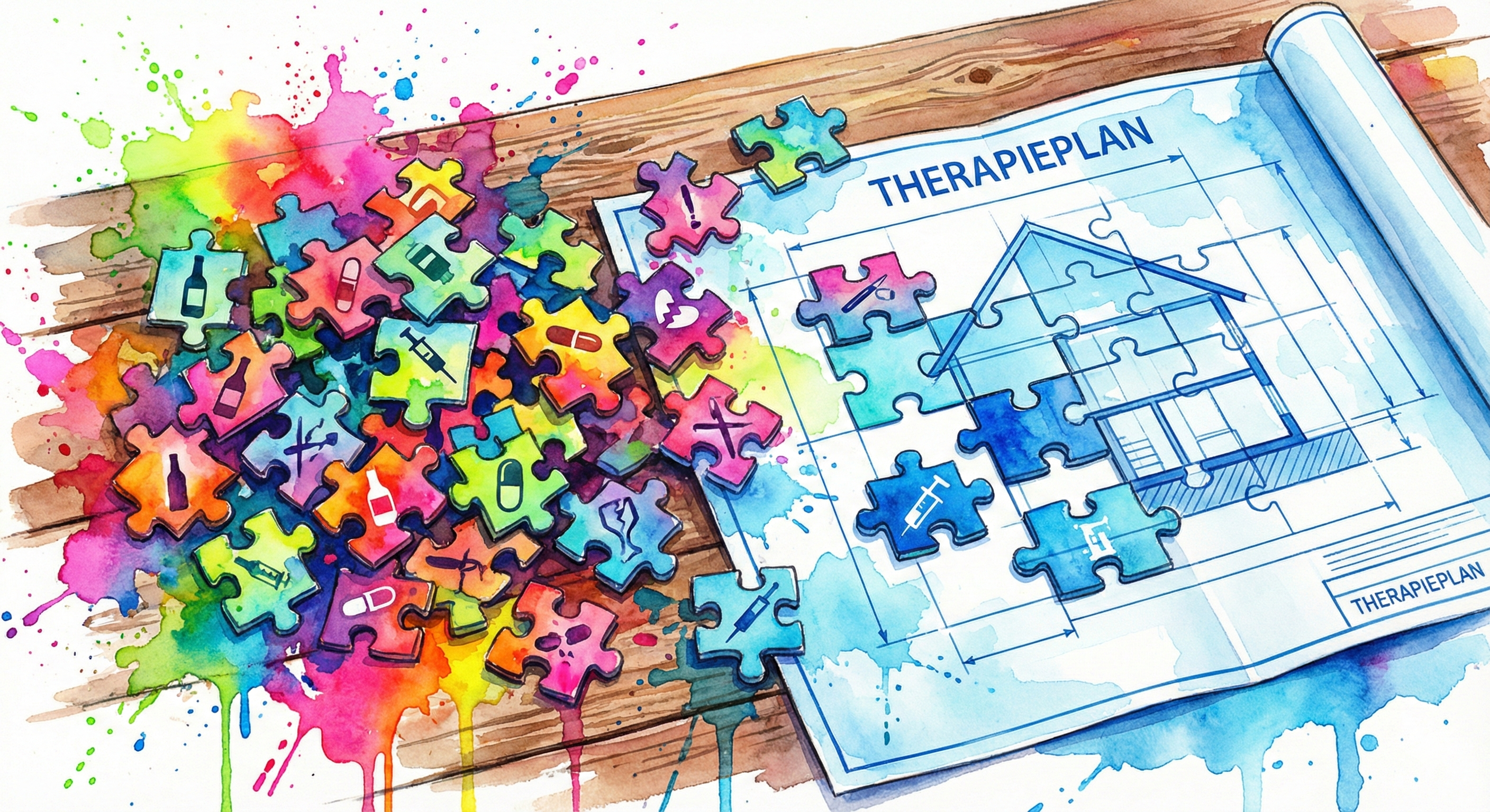 Chaotische Puzzleteile, die in einen klaren Bauplan (Suchtanamnese-Formular) eingefügt werden, symbolisiert das Ordnen der Suchtgeschichte.