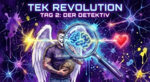 Titelbild "TEK Revolution Tag 2". Die NeelixberliN-Figur untersucht als Detektiv mit einer Lupe die Verbindung zwischen Auslöser, Gedanke und Gefühl.