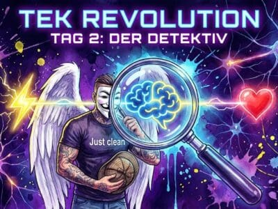 Titelbild "TEK Revolution Tag 2". Die NeelixberliN-Figur untersucht als Detektiv mit einer Lupe die Verbindung zwischen Auslöser, Gedanke und Gefühl.