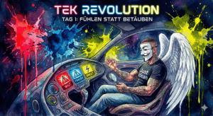 Titelbild "TEK Revolution Tag 1". Die NeelixberliN-Figur sitzt in einem Seelen-Cockpit und beobachtet ruhig die Warnlampen für Wut, Trauer und Angst, anstatt sie zu betäuben.