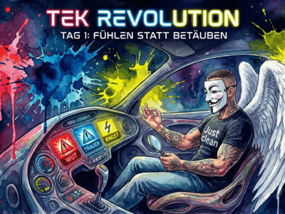 Titelbild "TEK Revolution Tag 1". Die NeelixberliN-Figur sitzt in einem Seelen-Cockpit und beobachtet ruhig die Warnlampen für Wut, Trauer und Angst, anstatt sie zu betäuben.