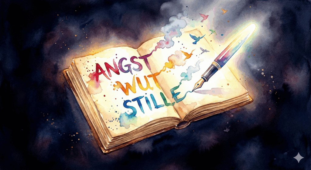 Ein leuchtendes Notizbuch, in das Gefühle geschrieben werden, die sich daraufhin auflösen.