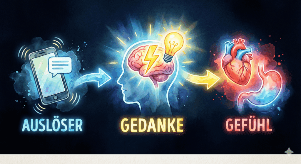 Die Kette der Emotion: Auslöser führt zu Gedanke, Gedanke führt zu Gefühl.