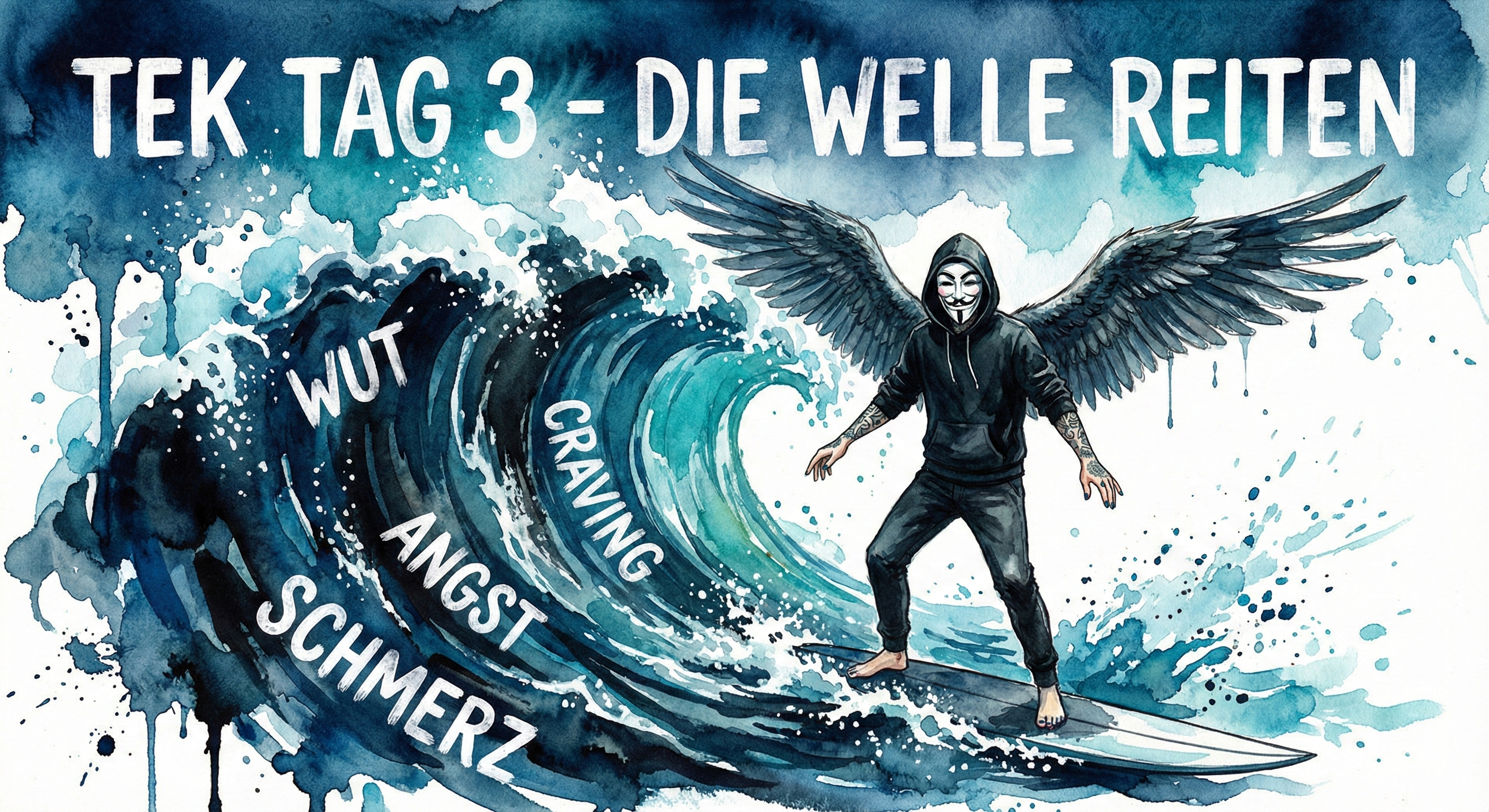 Titelbild "TEK Tag 3". NeelixberliN surft auf einer Welle aus Emotionen. Symbol für Urge Surfing.