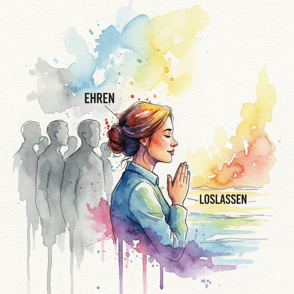 Eine Person ehrt ihre Vorfahren mit einem Blick zurück und wendet sich dann einer hellen Zukunft zu. Symbol für die heilsame Auseinandersetzung mit transgenerationalem Trauma.