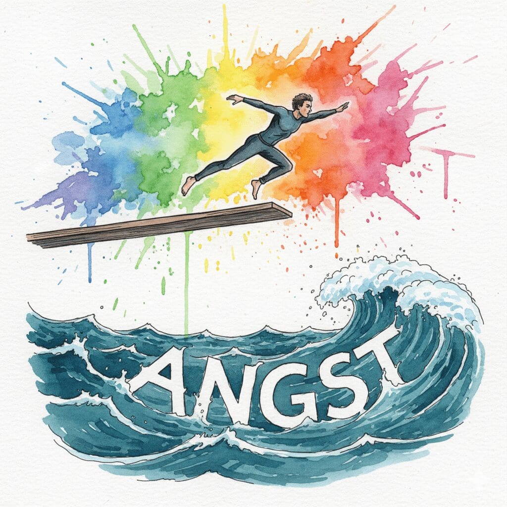 Eine Person springt mutig in ein Meer aus Angst, als Symbol für die Expositionstherapie (ERP) bei Zwangsstörungen.