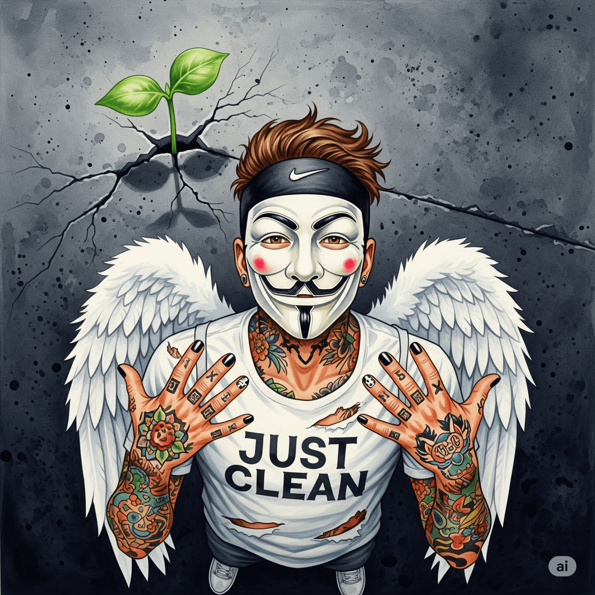 Ein einzelner, grüner Setzling, der durch einen dunklen, rissigen Betonboden bricht. Symbolisiert die Hoffnung und den Willen, selbst unter den härtesten Bedingungen neu anzufangen. "Neuanfang nach Rückfall", "Hoffnung in der Recovery", "wieder aufstehen"