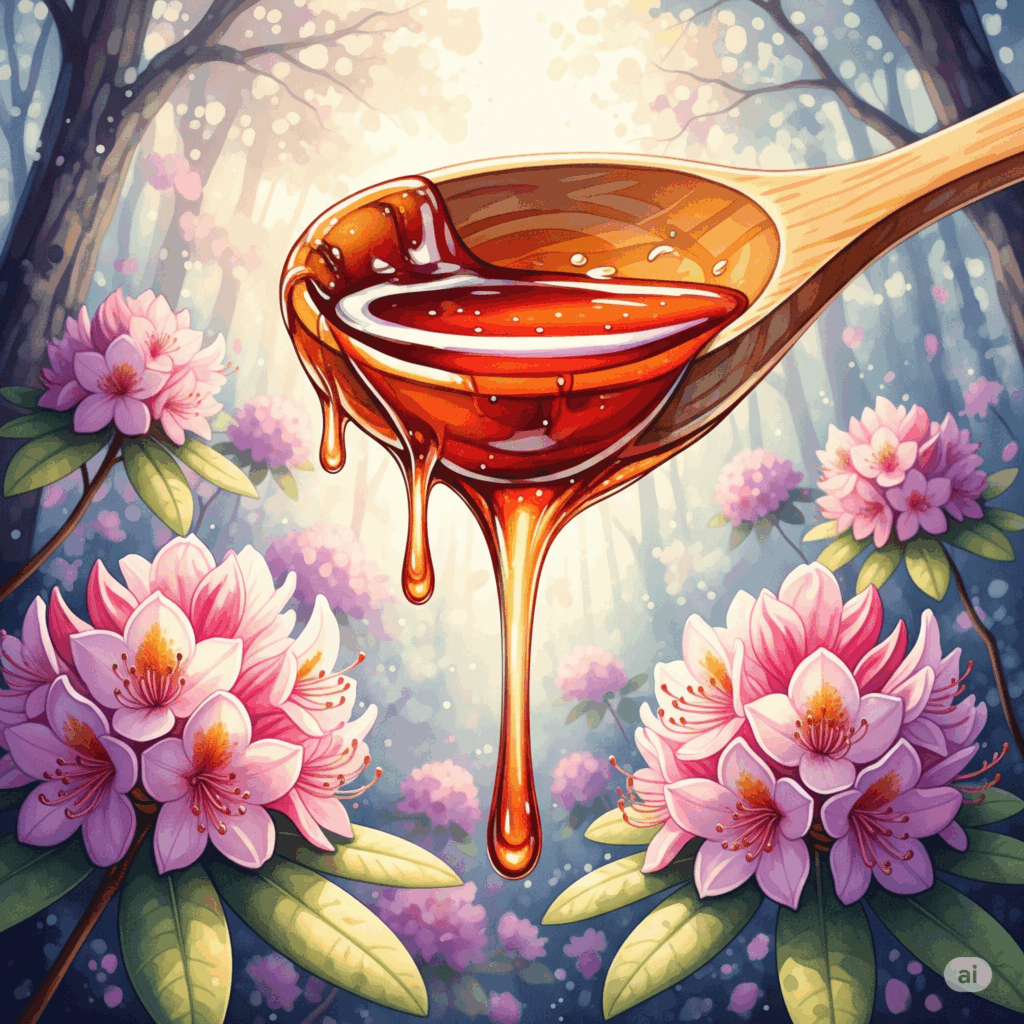 Ein Bild von einem Holzlöffel, von dem dunkler, rötlicher Honig tropft. Im unscharfen Hintergrund sind leuchtende Rhododendron-Blüten zu sehen. Die Szene wirkt natürlich und verlockend, aber auch geheimnisvoll. "Mad Honey", "Deli Bal", "giftiger Honig"