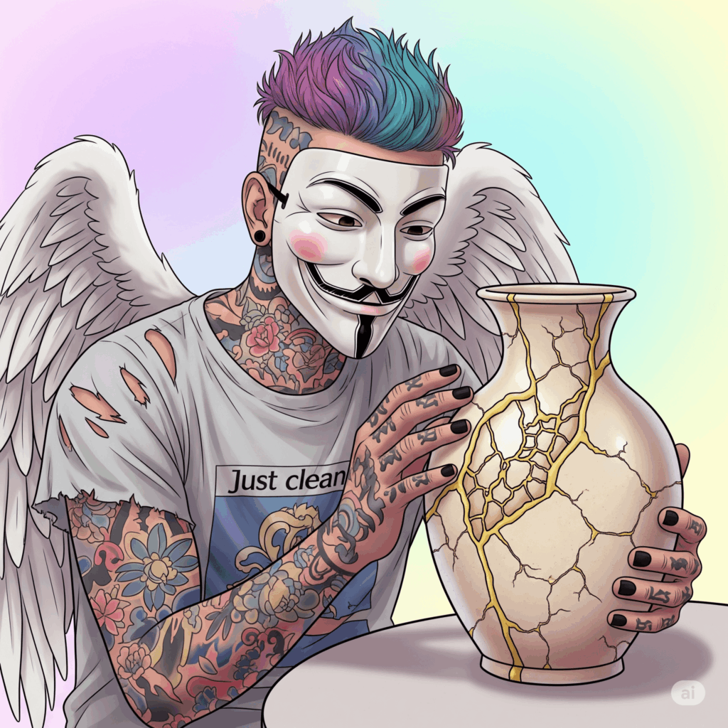 Eine Nahaufnahme einer japanischen Kintsugi-Vase. Die goldenen Risse sind deutlich sichtbar und machen die Vase schöner und einzigartiger als zuvor. Symbolisiert, dass die "Narben" und "Brüche" (Rückfälle) Teil der wertvollen Geschichte sind. "Ehrlichkeit über Rückfälle", "Kintsugi", "Schönheit im Scheitern"