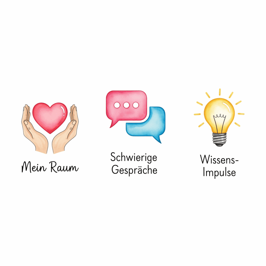 Eine saubere Grafik mit drei Icons nebeneinander. Links ein Herz in schützenden Händen (Mein Raum), in der Mitte zwei Sprechblasen (Schwierige Gespräche), rechts eine Glühbirne (Wissens-Impulse). "Module für Angehörige", "Emotionale Unterstützung", "Kommunikationstraining"