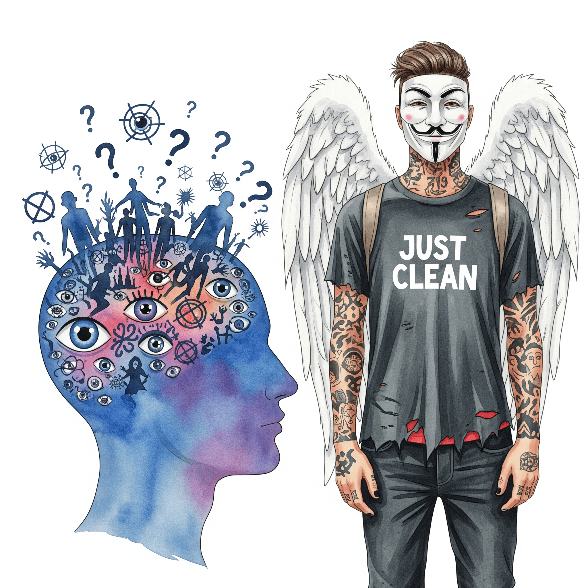 Eine stilisierte Grafik eines Kopfes im Profil. Aus dem Kopf kommen keine normalen Gedankenblasen, sondern chaotische, verzerrte und paranoide Symbole wie Augen, Fragezeichen und schattenhafte Figuren, die auf die Person zeigen. "Amphetaminpsychose Symptome", "Drogenpsychose", "Verfolgungswahn"