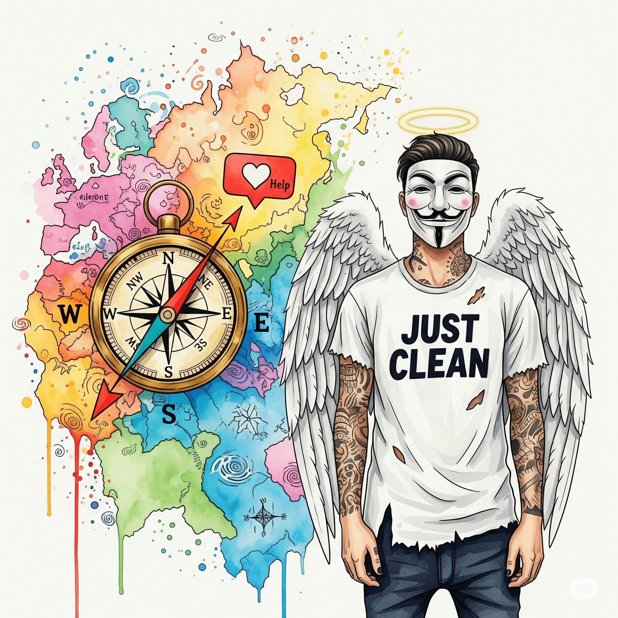 Eine Grafik, die einen Kompass zeigt. Die Nadel zeigt nicht nach Norden, sondern auf ein Herz-Icon, das "Hilfe" symbolisiert. Im Hintergrund ist eine unübersichtliche Landkarte angedeutet. Sucht-Kompass Tool, Wegweiser Suchthilfe, passende Hilfe finden