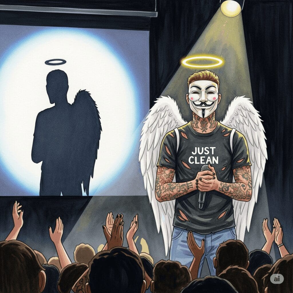 Ein symbolisches Foto. Eine Person steht auf einer Bühne im Rampenlicht, lächelt und wird beklatscht. Der Schatten an der Wand hinter ihr ist aber eine verzweifelte, zusammengekauerte Gestalt. Symbolisiert die performative, unehrliche Recovery. "unehrliche Influencer", "Schein und Sein", "Recovery-Kultur"