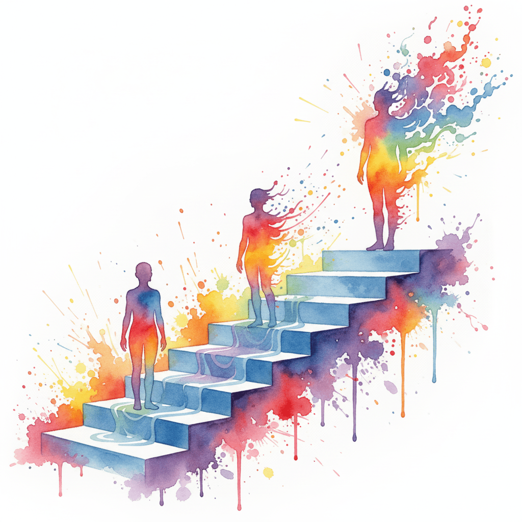 Künstlerische Darstellung der vier Plateaus eines DXM-Trips, von leichter Euphorie bis zur kompletten Dissoziation.