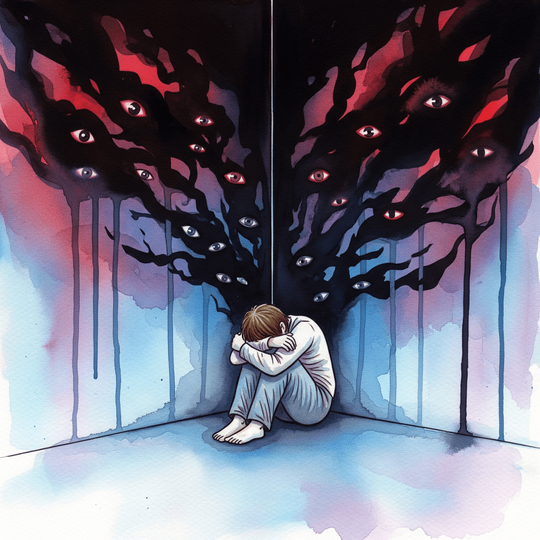 Künstlerische Darstellung der Paranoia bei einer Amphetaminpsychose, gezeigt als eine Person, die von Augen in den Schattenwänden beobachtet wird.