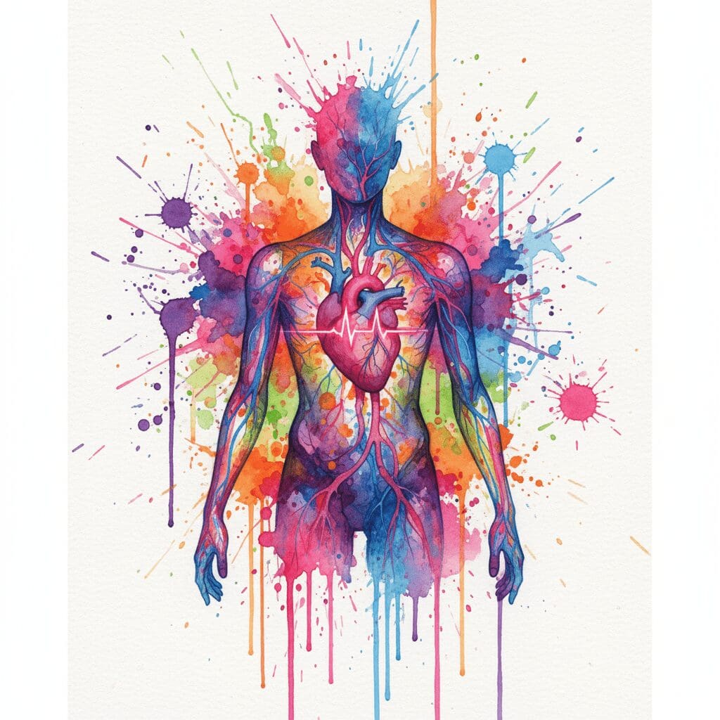 Eine Person ohne schützende Haut, deren verletzliches Inneres sichtbar ist. Ein Symbol für das Gefühl der Grenzenlosigkeit bei einer Bindungsstörung.