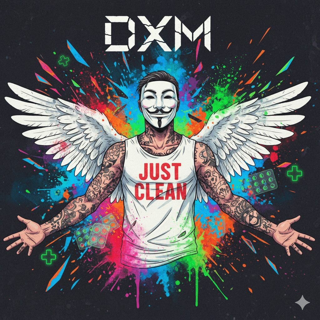 Titelbild zum Thema DXM mit der NeelixberliN-Figur (Anonymous-Maske, Engelsflügel, "Just Clean"-Shirt, Tätowierungen, schwarz-weiß lackierte Nägel). Die Figur ist umgeben von digitalen, "geglitchten" Fragmenten und schemenhaften Pillen-Blistern, die den dissoziativen Hustenstiller-Trip und seine Risiken symbolisieren. Oben steht der Titel "DXM" in kantiger Schrift.