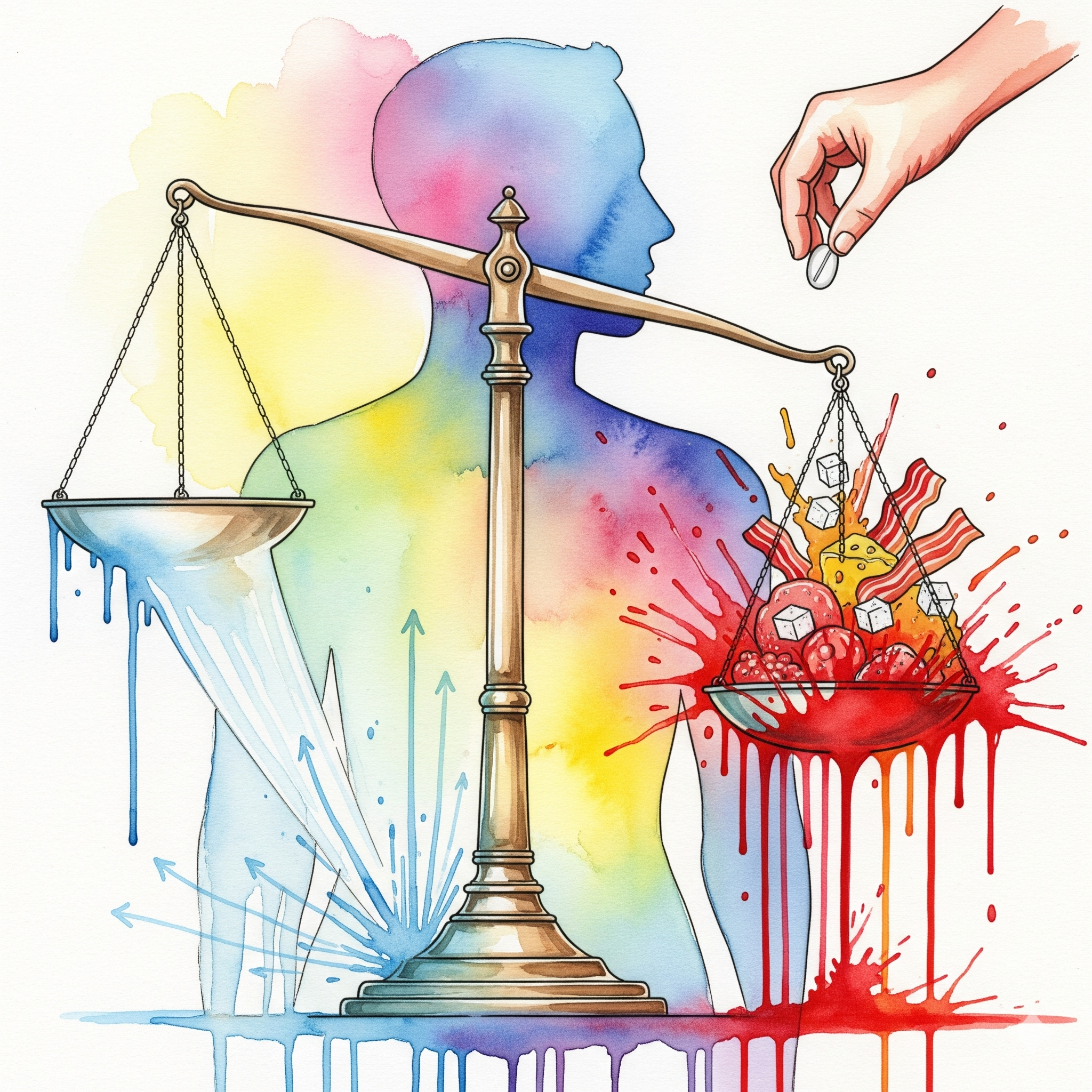 Symbolische Darstellung des metabolischen Syndroms durch Quetiapin, bei dem der Stoffwechsel für Zucker und Fett aus dem Gleichgewicht gerät.