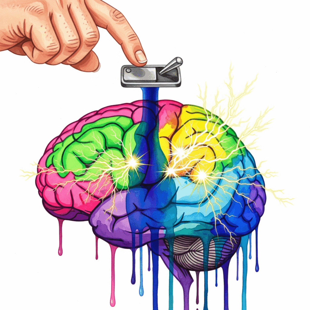 Künstlerische Darstellung der sedierenden Wirkung von Quetiapin (Seroquel), das die Überstimulation nach dem Drogenkonsum "ausschaltet".