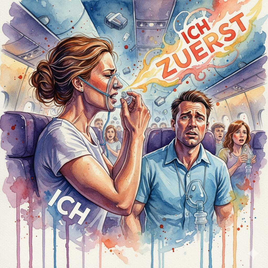 Eine Mutter, die sich im Flugzeug zuerst selbst die Sauerstoffmaske aufsetzt, als Metapher für die Notwendigkeit der Selbstfürsorge für Angehörige.