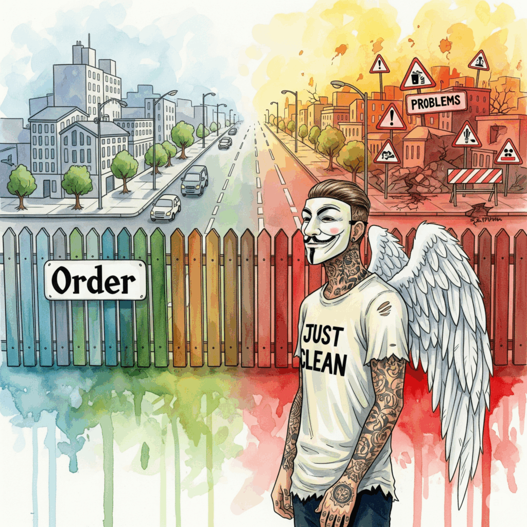 Eine stilisierte Grafik, die einen Zaun zeigt. Auf der einen Seite des Zauns ist scheinbare "Ordnung". Auf der anderen Seite, in den umliegenden Straßen, poppen die Probleme (symbolisiert durch rote Warnzeichen) wieder auf. Symbolisiert die Kritik der reinen Verdrängung. "Zaun Görlitzer Park", "Kritik Drogenpolitik", "Problemverlagerung"
