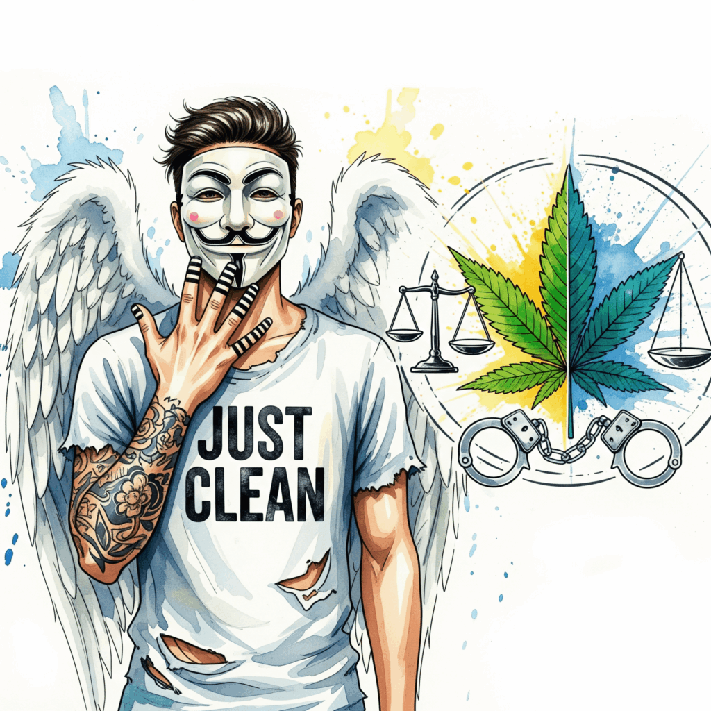 Eine Grafik, die ein stilisiertes Hanfblatt zeigt, das von einer Waage und Handschellen umgeben ist. Die Waage symbolisiert die Gesetzgebung, die Handschellen die Kriminalität. "BKA Rauschgiftkriminalität 2023", "Cannabisgesetz Auswirkungen", "Drogenkriminalität Deutschland"