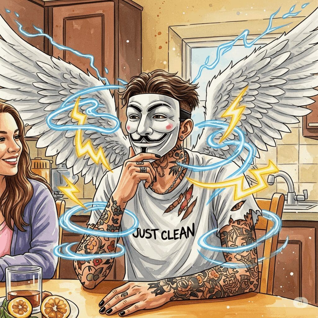 Person in Gespräch, daneben Darstellung von innerer Energie und Unruhe