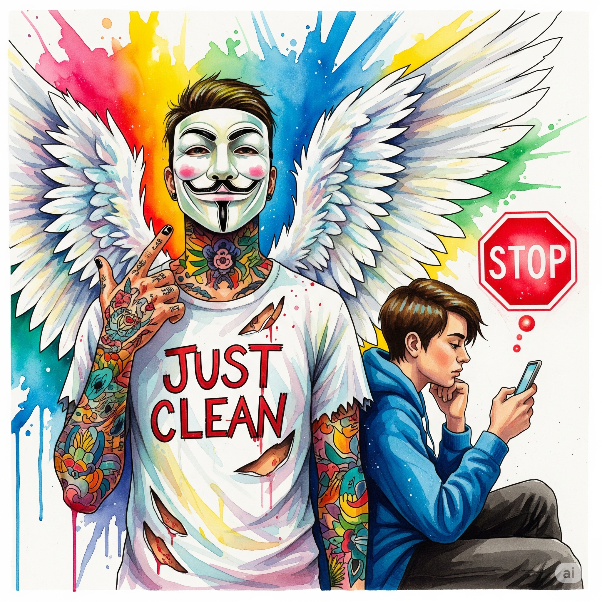 Ein Jugendlicher, der mit dem Handy in der Hand sitzt, aber dabei nachdenklich wirkt. Über dem Handy schwebt ein Stop-Schild-Symbol, das den Wunsch nach Kontrolle symbolisiert. "Mediensucht Jugendliche", "COOLDOWN Programm", "digitale Abhängigkeit", "gesunder Medienkonsum"