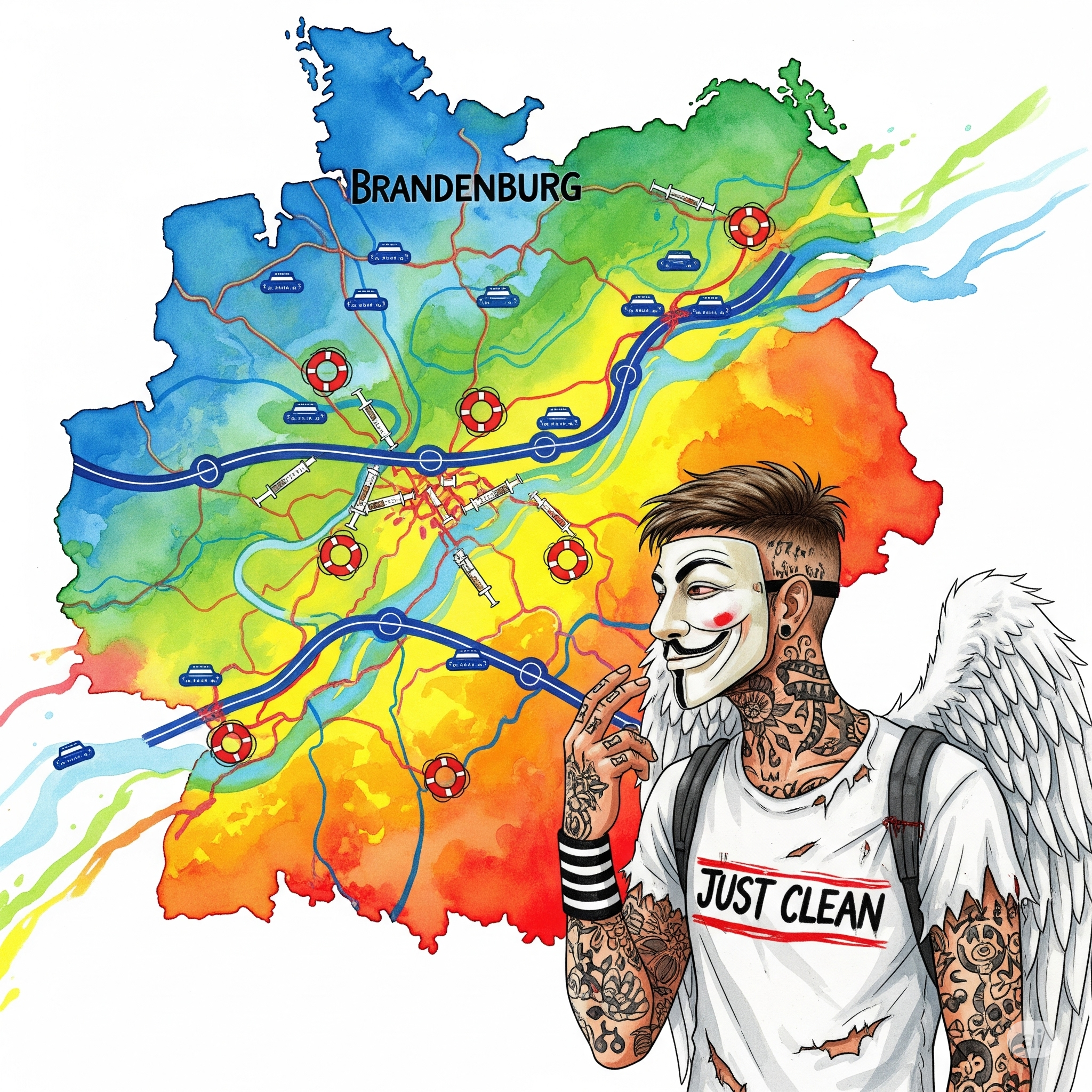 Eine Grafik, die die Landkarte von Brandenburg zeigt. Darauf sind verschiedene Icons platziert: Ein Polizei-Symbol auf den Autobahnen, ein Spritzen-Symbol in den Städten und ein "Rettungsanker"-Symbol bei den Beratungsstellen. Symbolisiert die verschiedenen Facetten des Themas im Bundesland. "Sucht in Brandenburg", "Suchtprävention", "Drogenkriminalität LKA"