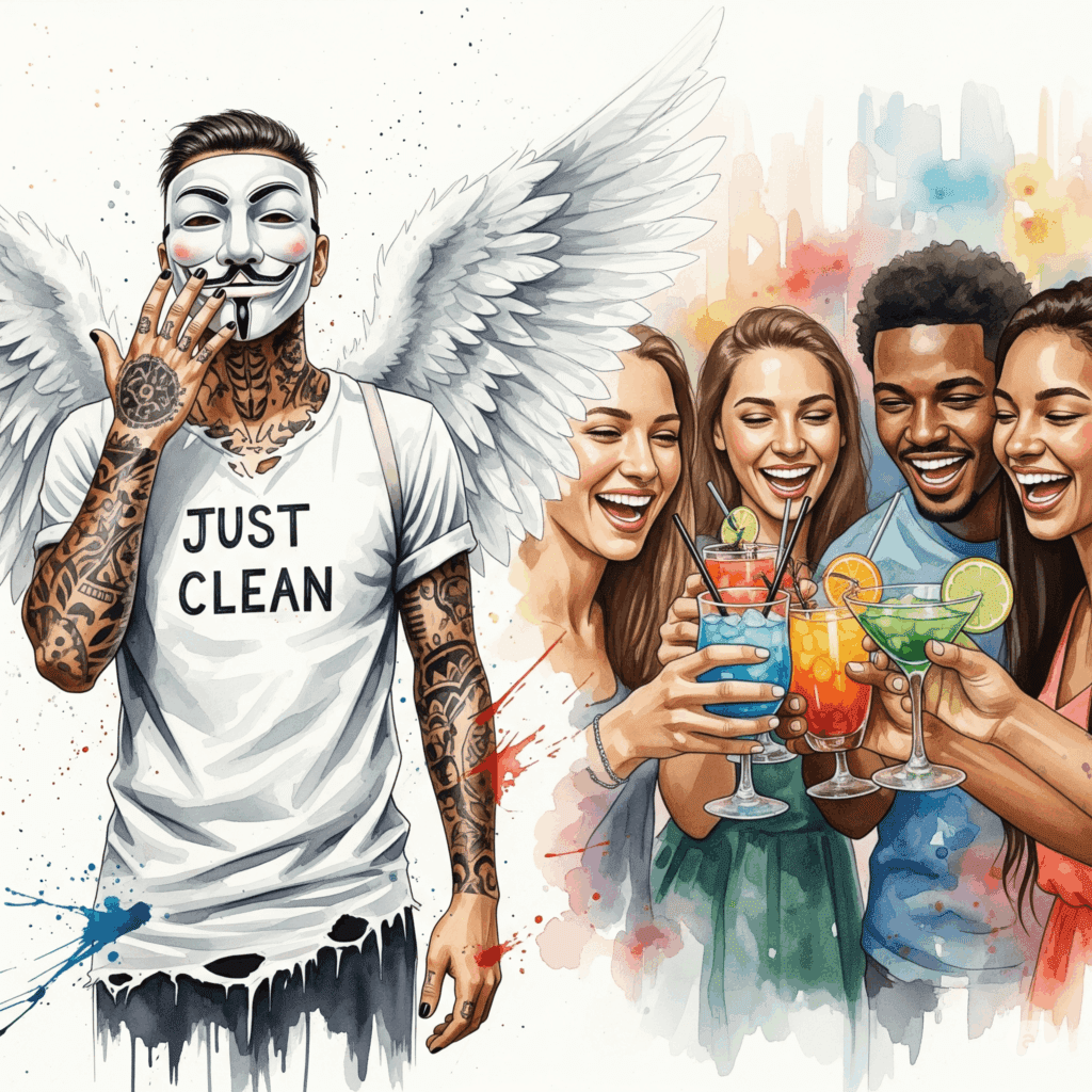 Ein Porträtfoto von einer Gruppe junger Menschen, die ausgelassen lachen und miteinander anstoßen – nicht mit Alkohol, sondern mit bunten, alkoholfreien Cocktails. Die Atmosphäre ist fröhlich und authentisch.
junge Leute lachen, feiern ohne Alkohol, alkoholfreie Cocktails, Sober-Party, authentisches Miteinander.