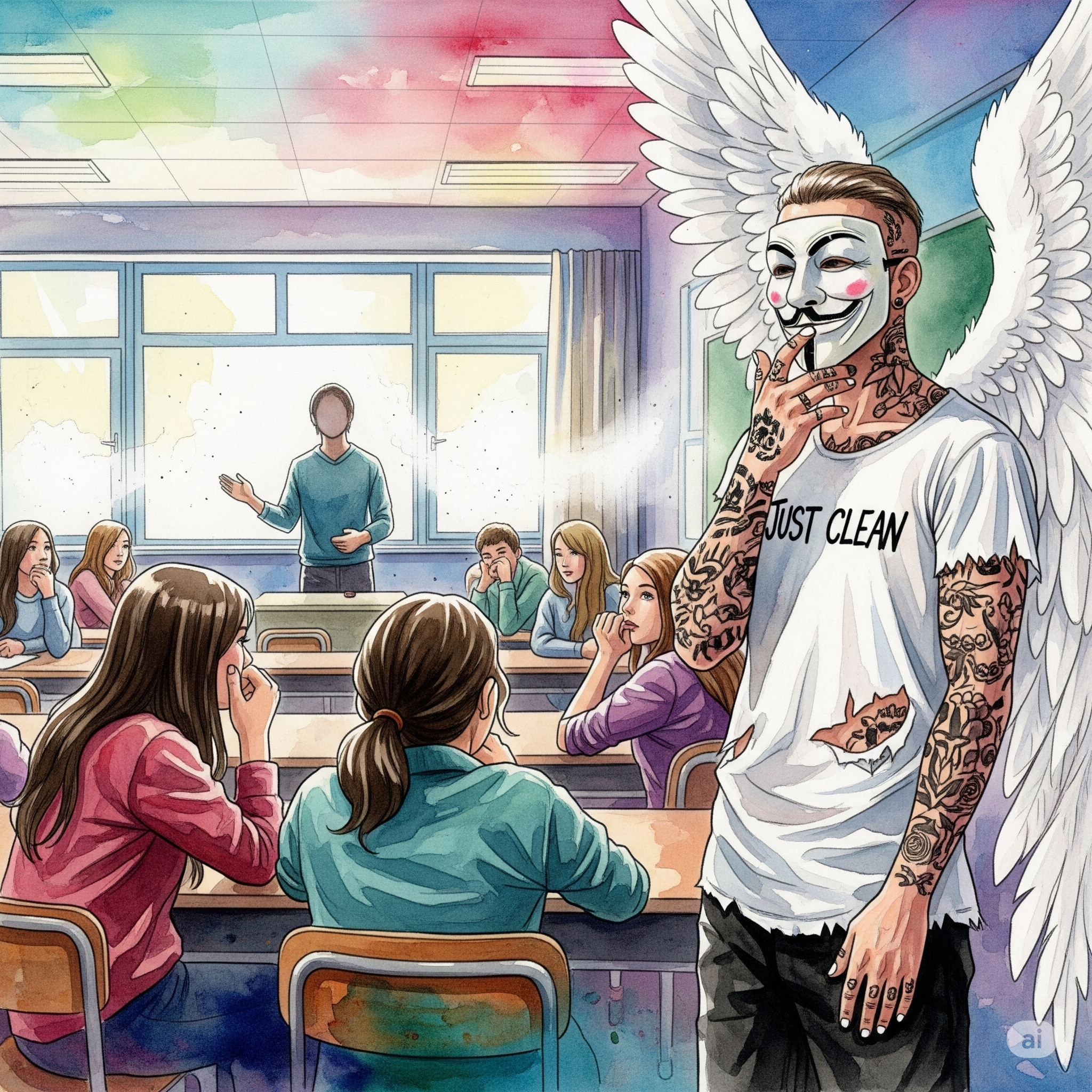 Eine Person (von hinten oder unscharf, um Anonymität zu wahren), die vor einer Schulklasse steht und ihre Geschichte erzählt. Die Schüler hören aufmerksam und nachdenklich zu. Symbolisiert die Kraft der authentischen Präventionsarbeit. "Suchtprävention an Schulen", "Peer-Projekt Sucht", "Genesungsbegleiter"