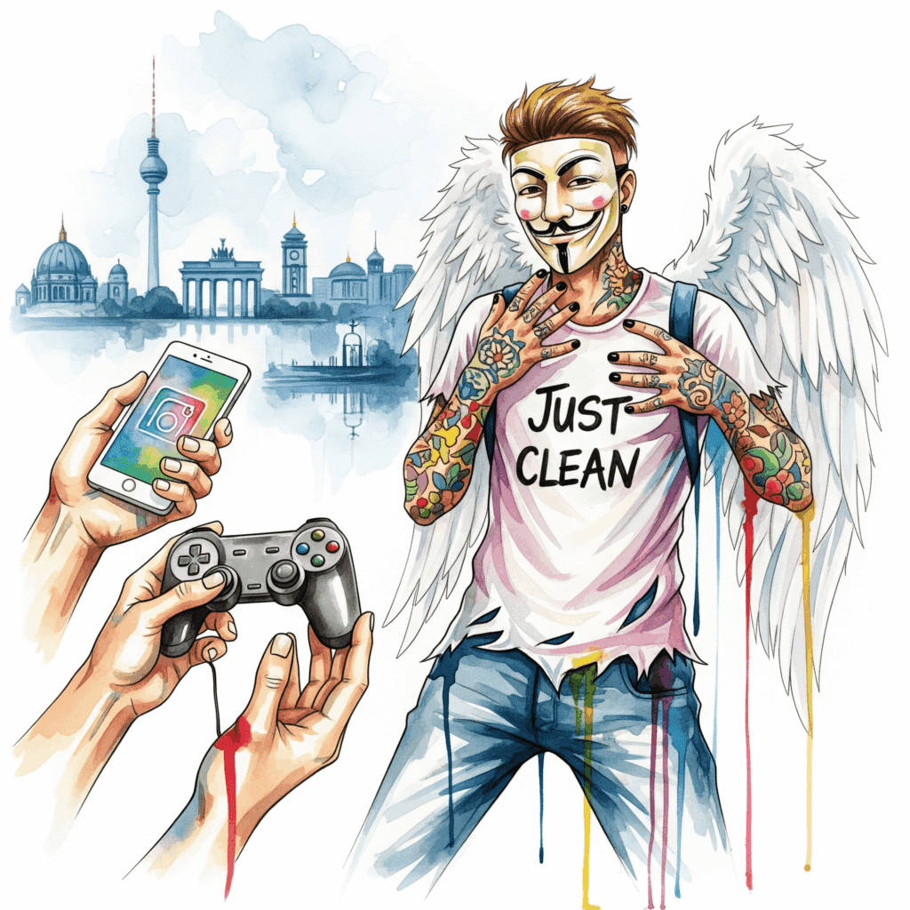 Stilisierte Darstellung eines Smartphones und eines Controllers, die in den Händen einer hilfesuchenden Person gehalten werden. Der Hintergrund ist ein verschwommenes Berlin-Panorama. "Gaming-Sucht Berlin Hilfe", "Mediensucht Jugendliche", "Hilfsprojekt Beratung", "Suchtprävention".