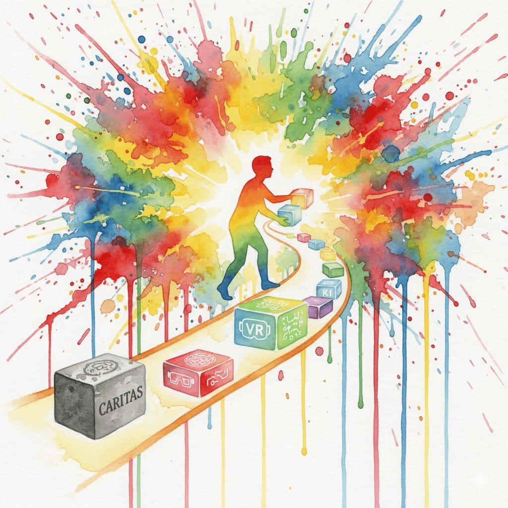 Eine Person baut ihren eigenen Weg aus alten (Therapie) und neuen (KI, VR, Mindset) Bausteinen. Symbol für die individuelle Recovery der Zukunft.