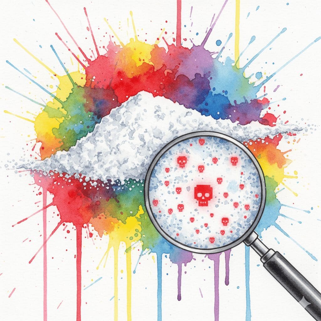 Gestrecktes Kokain mit rot leuchtenden Fentanyl/Nitazen-Partikeln. Symbol für die unsichtbare Überdosis-Gefahr in Bochum.