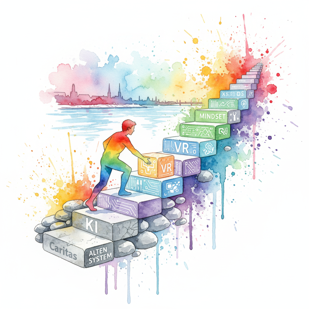 Eine Person baut ihren eigenen Weg aus alten (Therapie) und neuen (KI, VR, Mindset) Bausteinen. Symbol für die individuelle Recovery der Zukunft.