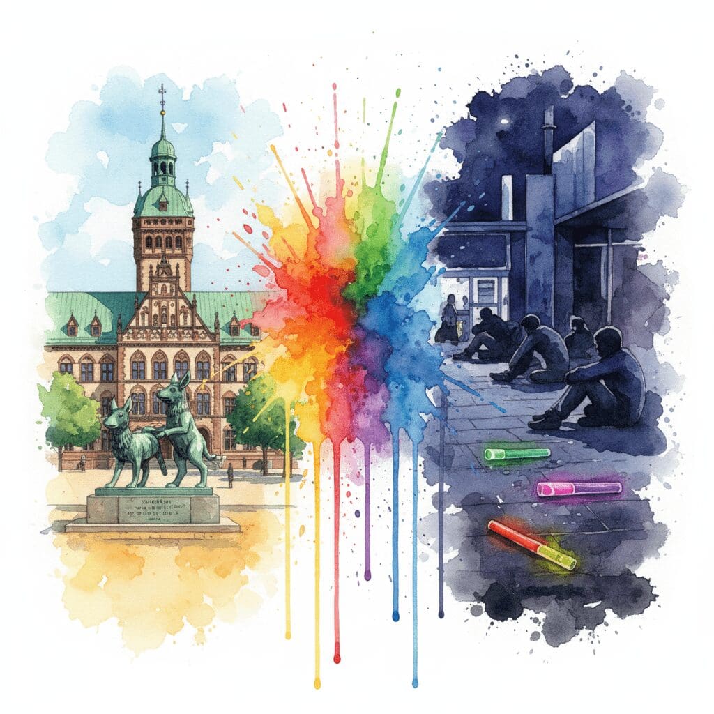 Geteiltes Bild: Links die Bremer Idylle, rechts die harte Drogenszene am Bahnhof. Symbol für die zwei Gesichter der Stadt.