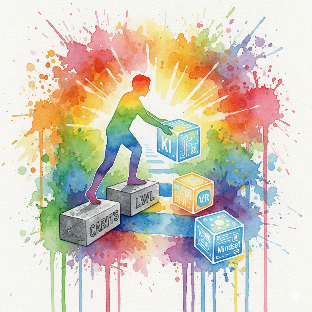 Eine Person baut ihren eigenen Weg aus alten (Therapie) und neuen (KI, VR, Mindset) Bausteinen. Symbol für die individuelle Recovery der Zukunft.