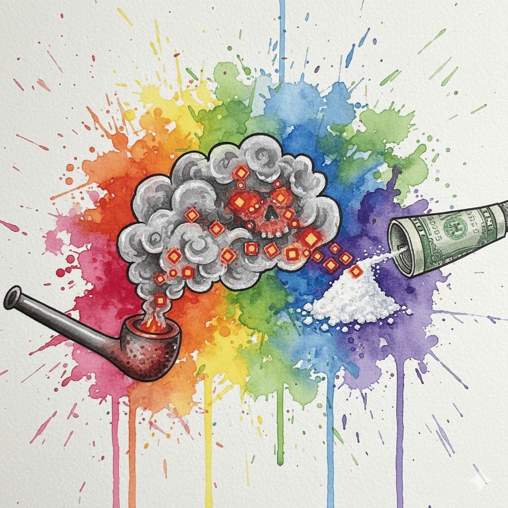 Gestrecktes Kokain/Crack mit rot leuchtenden Fentanyl/Nitazen-Partikeln. Symbol für die unsichtbare Überdosis-Gefahr in der Dortmunder Szene.