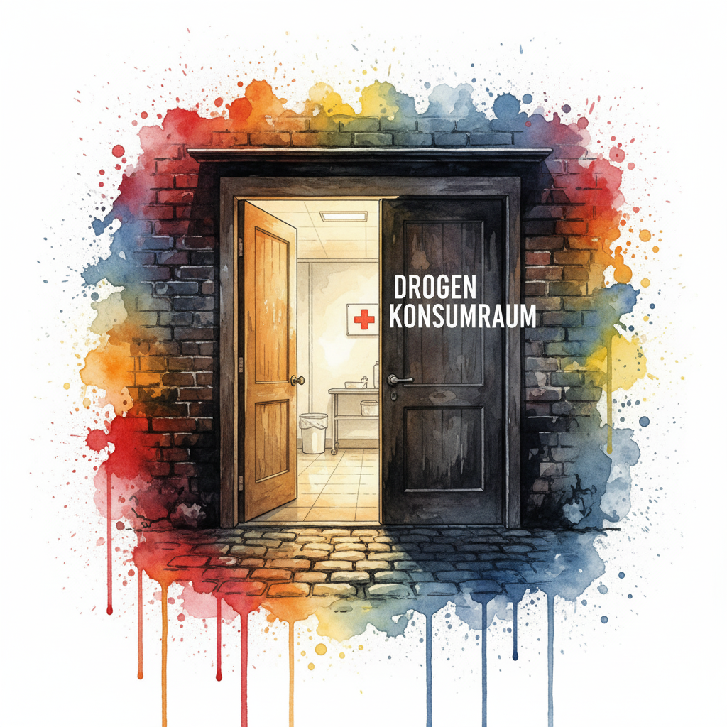 Eine Tür zu einem sauberen Drogenkonsumraum öffnet sich. Symbol für den progressiven Schritt der Stadt Duisburg.