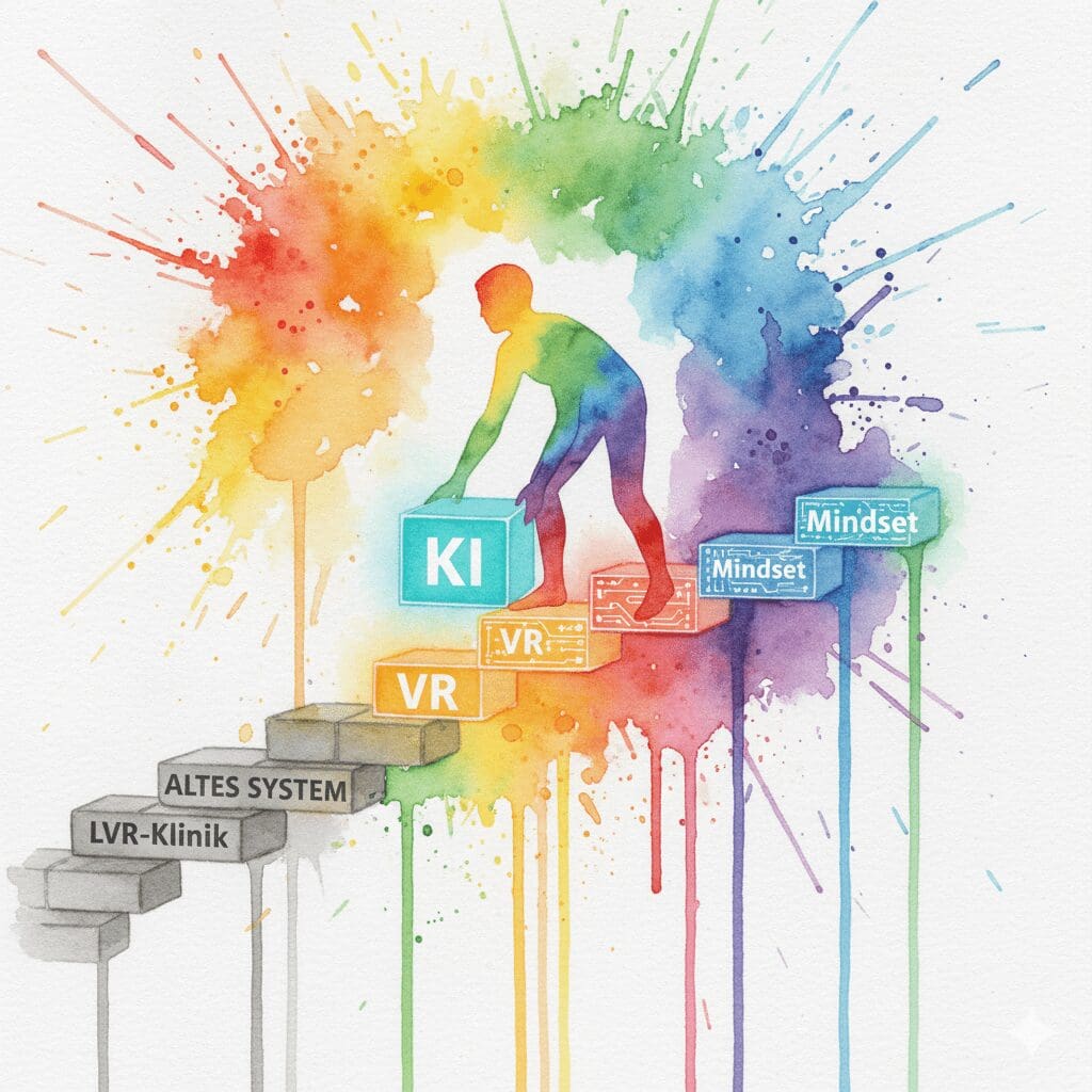 Eine Person baut ihren eigenen Weg aus alten (Therapie) und neuen (KI, VR, Mindset) Bausteinen. Symbol für die individuelle Recovery der Zukunft.