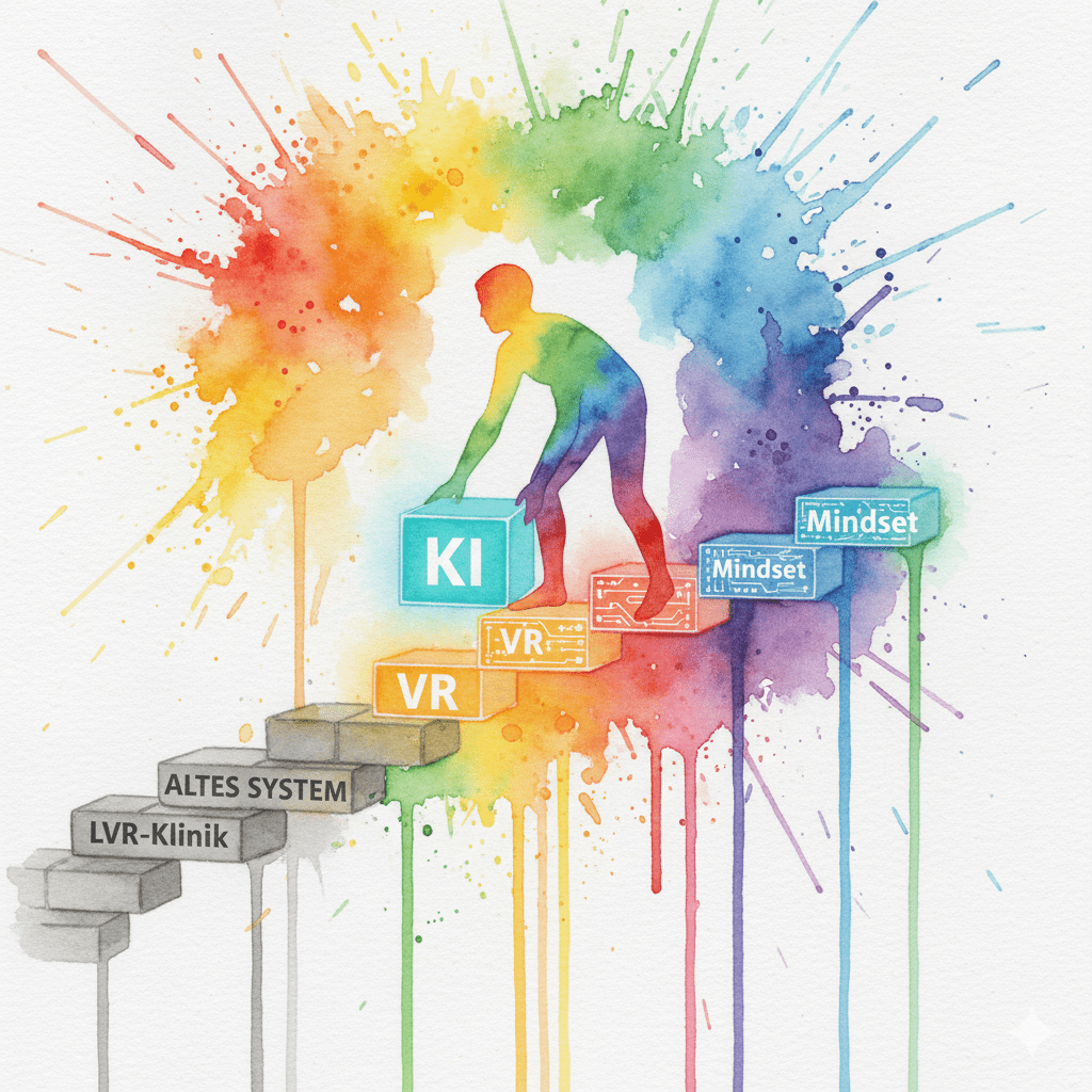 Eine Person baut ihren eigenen Weg aus alten (Therapie) und neuen (KI, VR, Mindset) Bausteinen. Symbol für die individuelle Recovery der Zukunft.